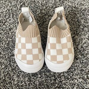 Tan and White Checkered Slip-On Shoes